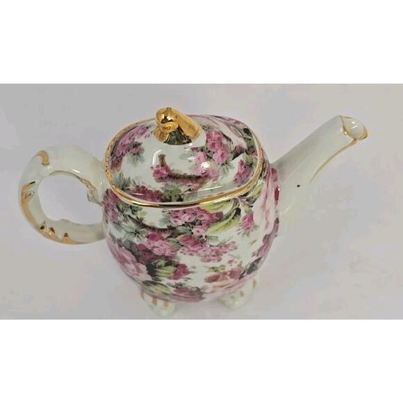 Miniature One Piece Teapot Floral Pink Roses Pattern with Gold, 3.5" PB194 - Picture 5 of 7